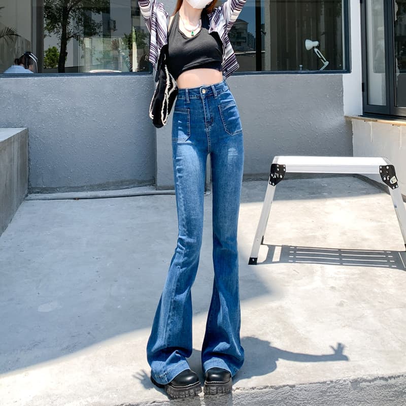 フレアパンツ 高腰切替ステッチ入りフレアデニムパンツ