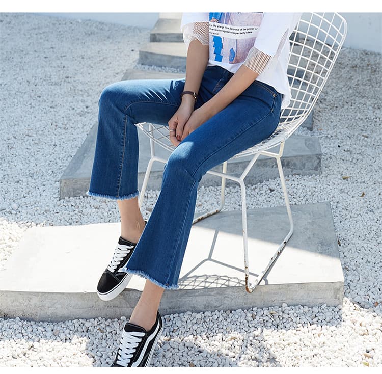 フレアパンツ 裾フリンジ美脚フレアデニム