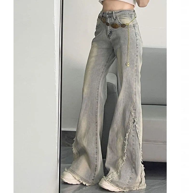 フレアパンツ 裾フリンジ加工ワイドフレアデニム