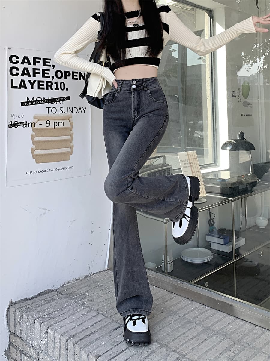 フレアパンツ 復刻風ハイウエスト裾広がりデニムパンツ