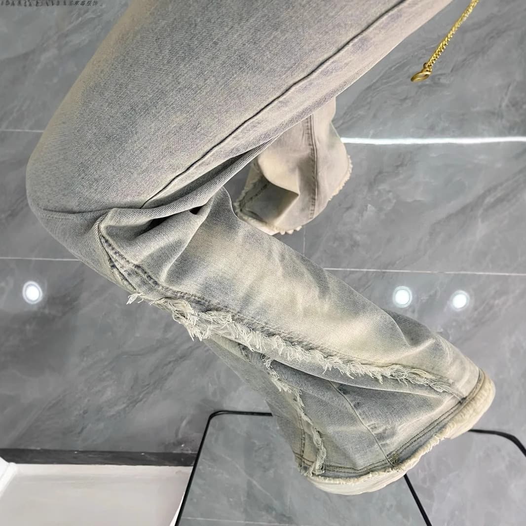 フレアパンツ 裾フリンジ加工ワイドフレアデニム