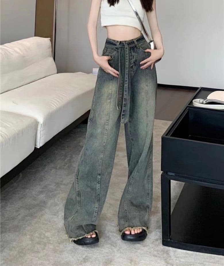 フレアパンツ 裾広がりベルト付きデニムパンツ