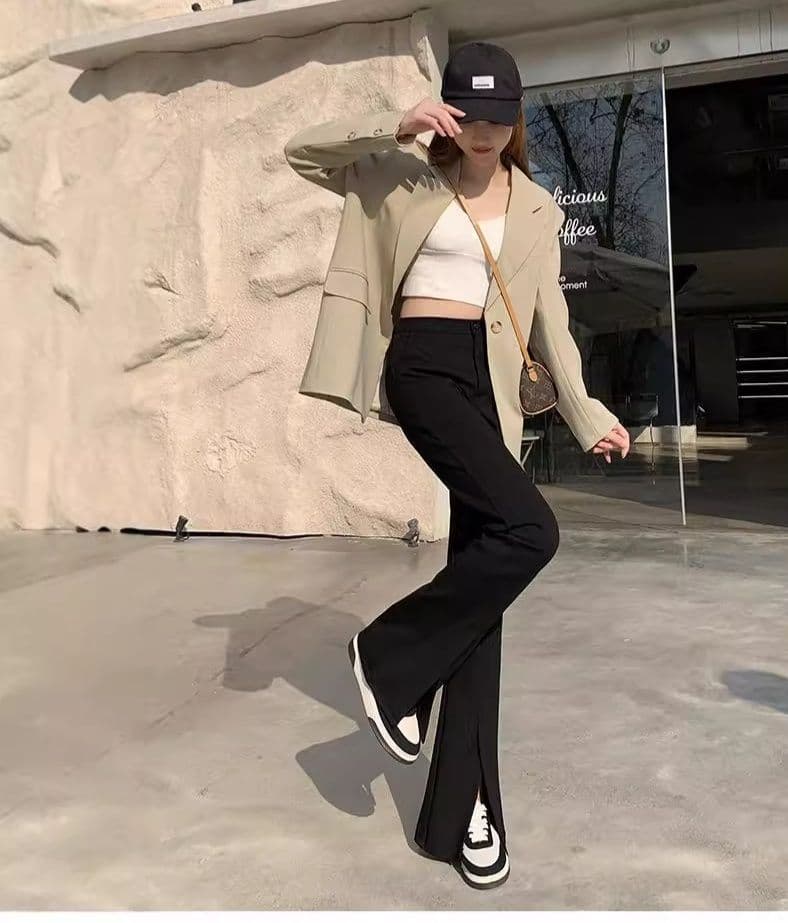 フレアパンツ スリットデザイン フレアスラックス