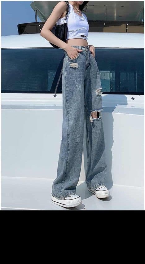 フレアパンツ ダメージ加工ゆったりフレアデニム