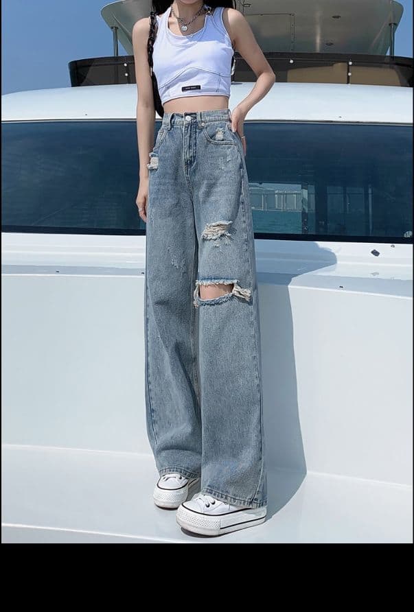 フレアパンツ ダメージ加工ゆったりフレアデニム