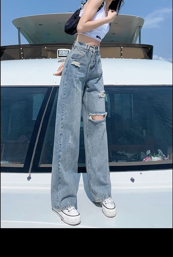 フレアパンツ ダメージ加工ゆったりフレアデニム