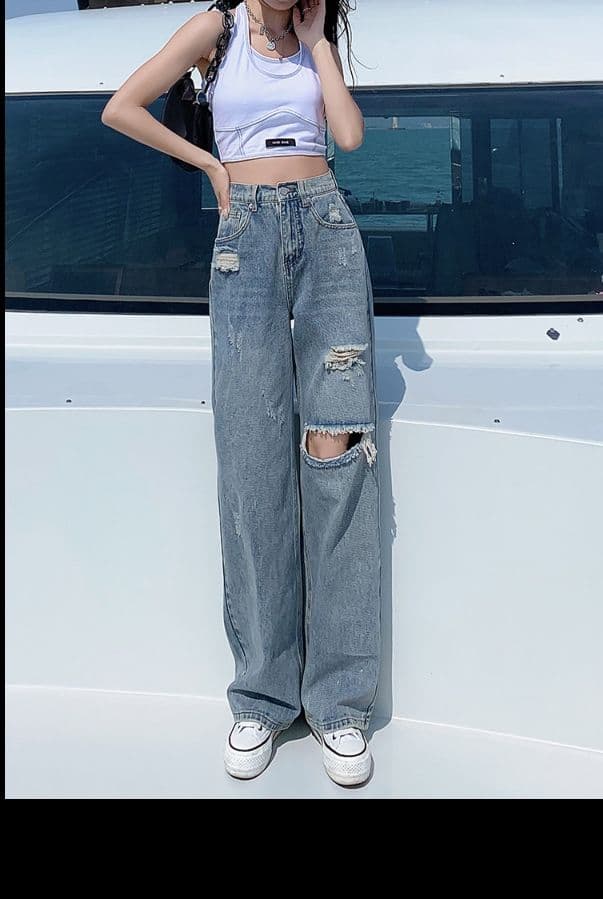 フレアパンツ ダメージ加工ゆったりフレアデニム