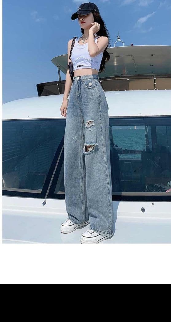 フレアパンツ ダメージ加工ゆったりフレアデニム