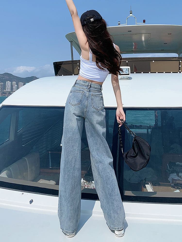 フレアパンツ ダメージ加工ゆったりフレアデニム