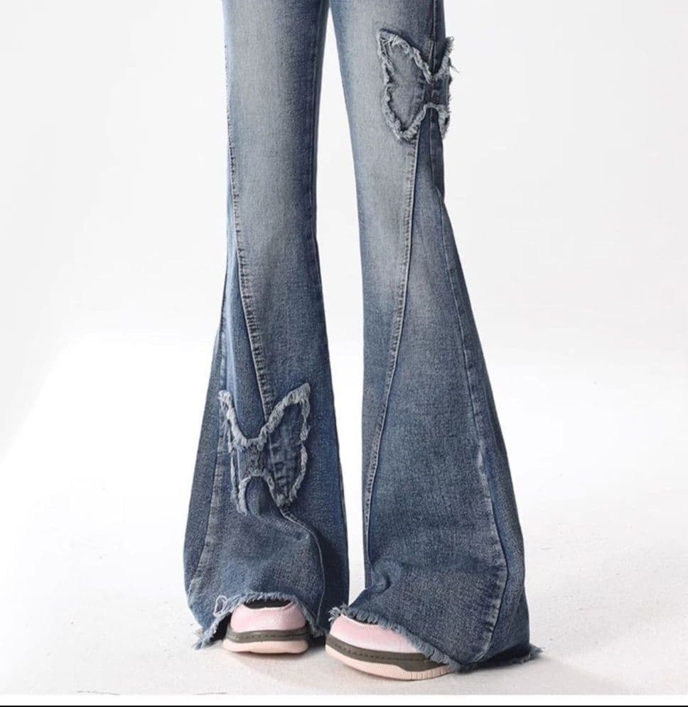 フレアパンツ 蝶々モチーフフレアデニム