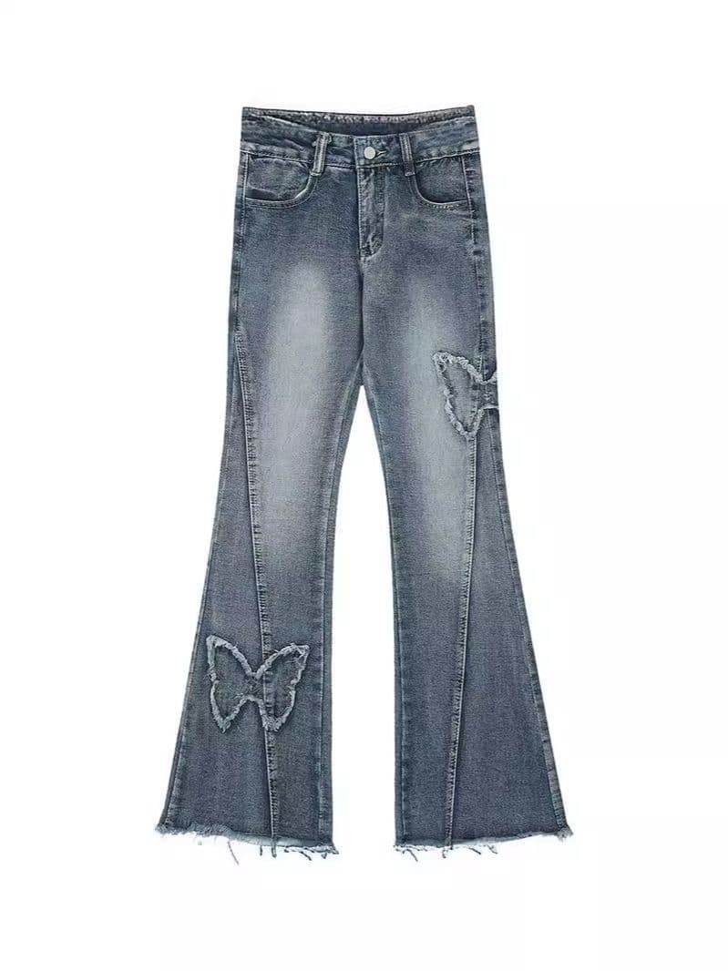 フレアパンツ 蝶々モチーフフレアデニム
