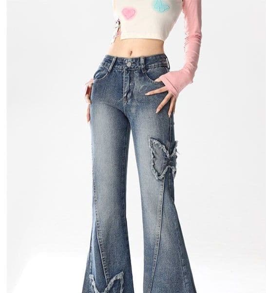 フレアパンツ 蝶々モチーフフレアデニム