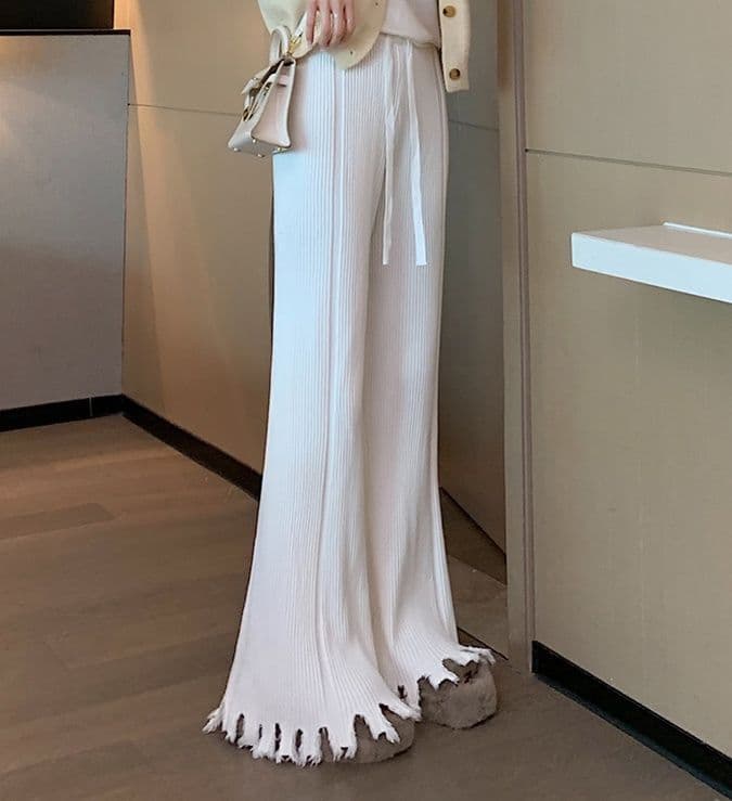 フレアパンツ 裾フリンジ細リブフレアパンツ