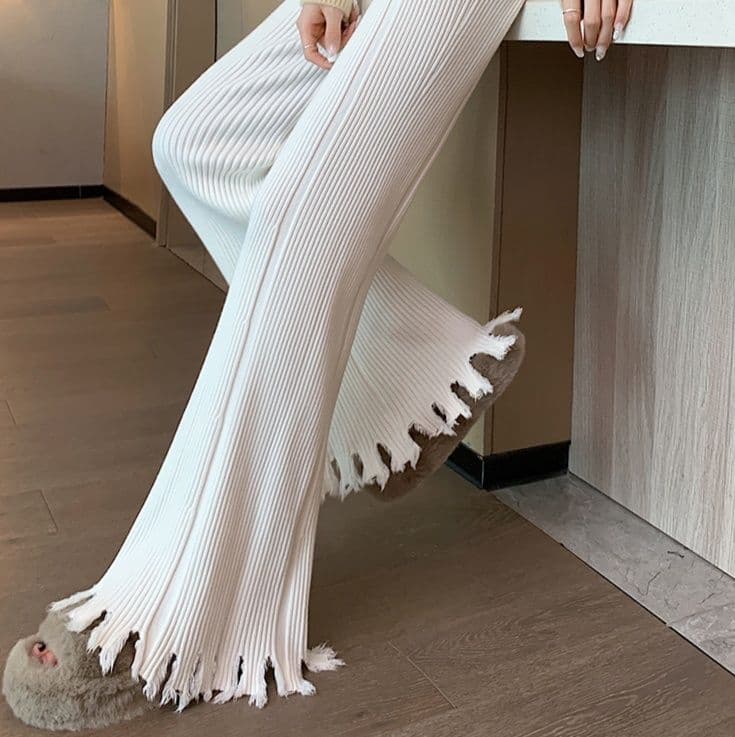 フレアパンツ 裾フリンジ細リブフレアパンツ