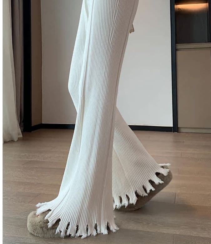 フレアパンツ 裾フリンジ細リブフレアパンツ