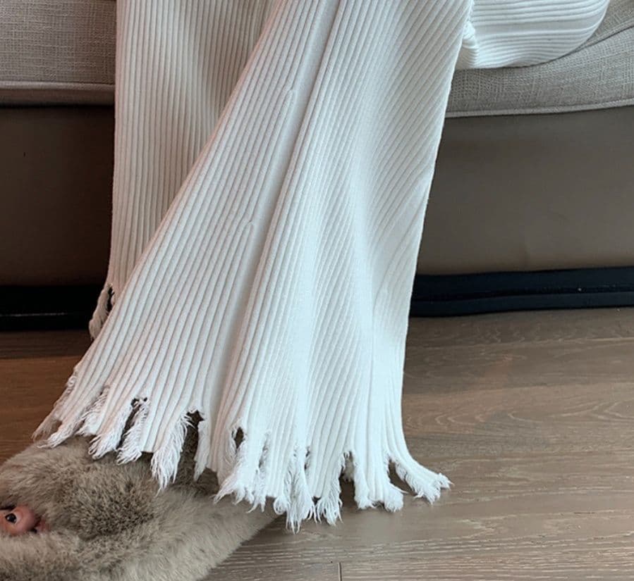 フレアパンツ 裾フリンジ細リブフレアパンツ