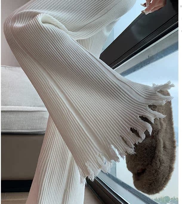 フレアパンツ 裾フリンジ細リブフレアパンツ