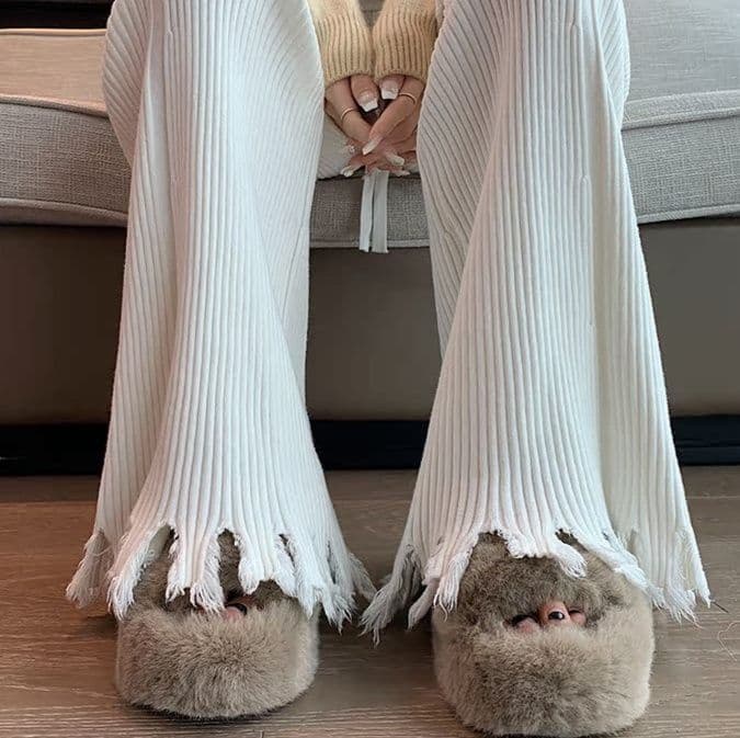 フレアパンツ 裾フリンジ細リブフレアパンツ