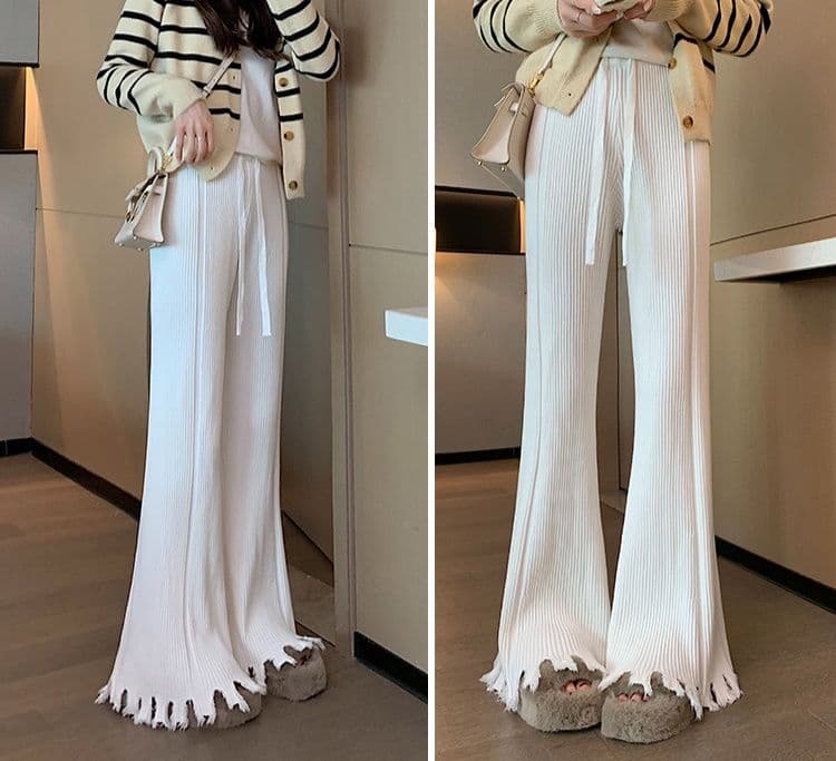 フレアパンツ 裾フリンジ細リブフレアパンツ