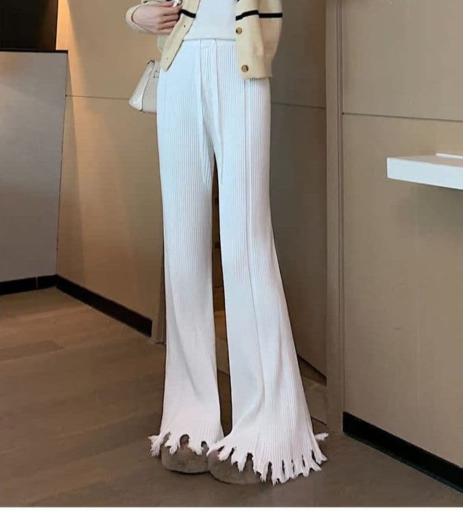 フレアパンツ 裾フリンジ細リブフレアパンツ