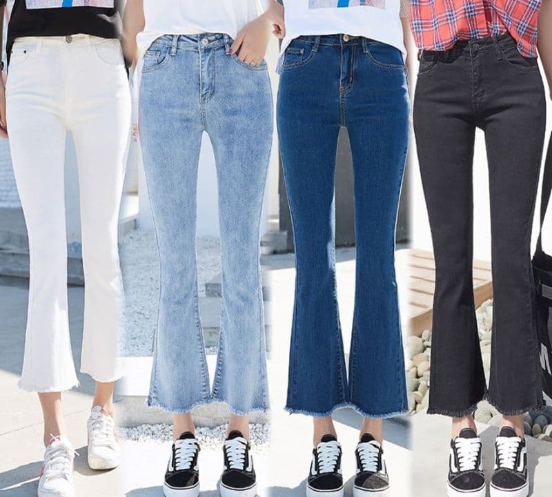 フレアパンツ 裾フリンジ美脚フレアデニム