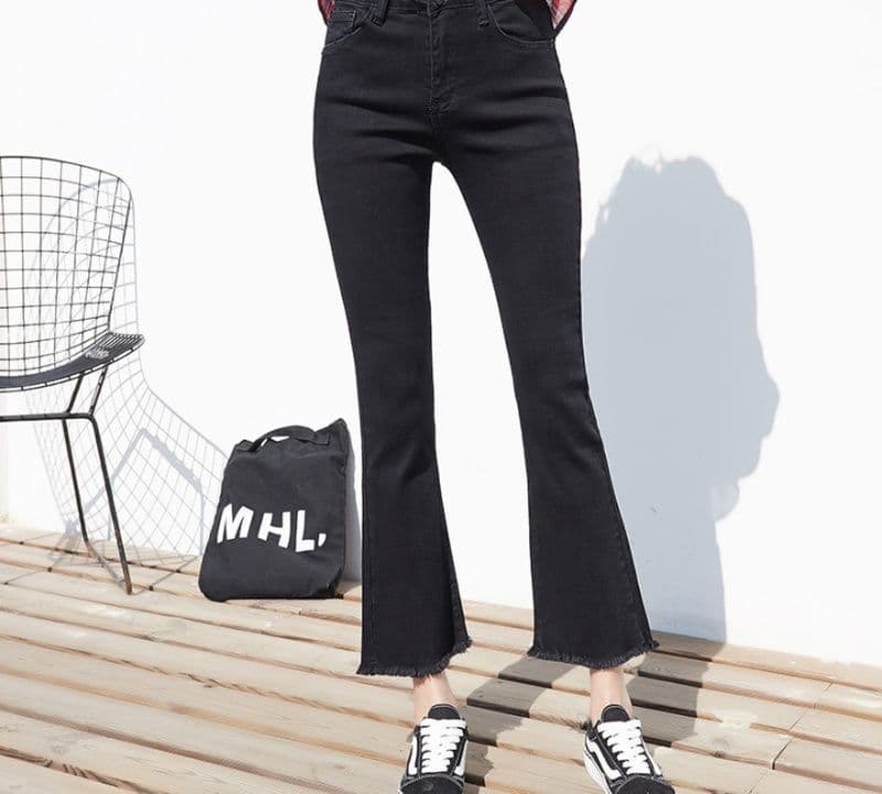 フレアパンツ 裾フリンジ美脚フレアデニム