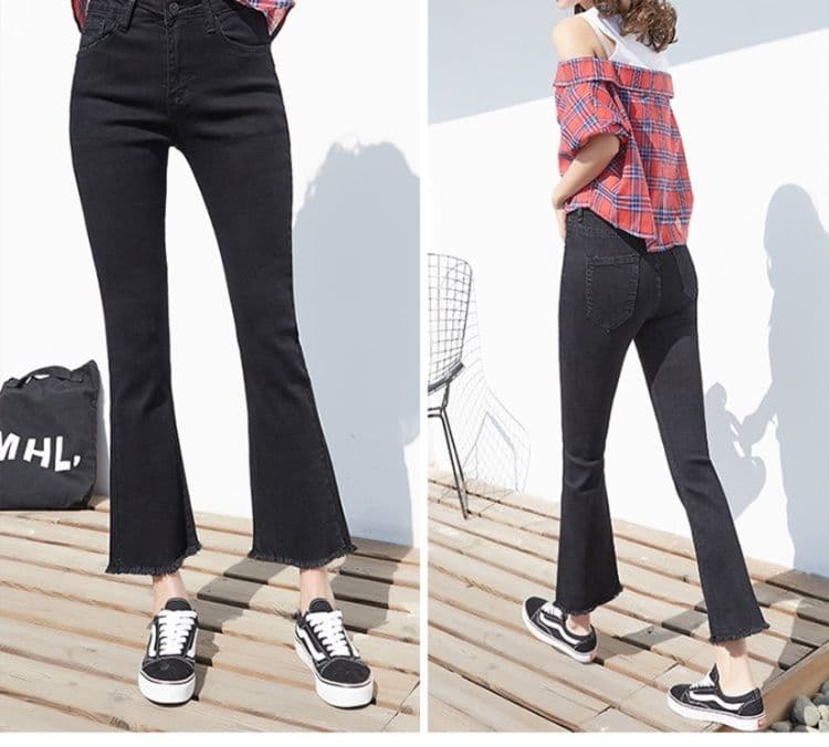 フレアパンツ 裾フリンジ美脚フレアデニム