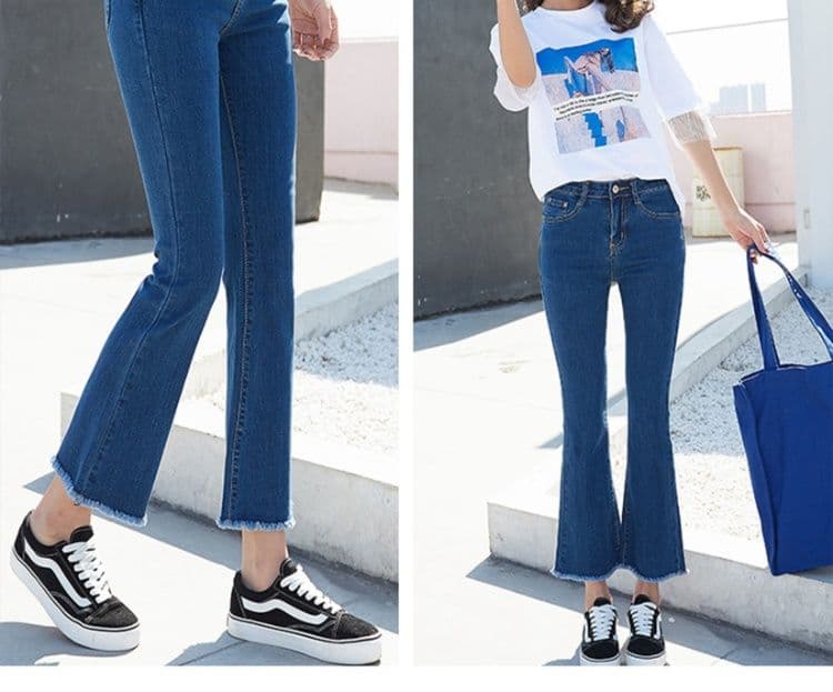 フレアパンツ 裾フリンジ美脚フレアデニム