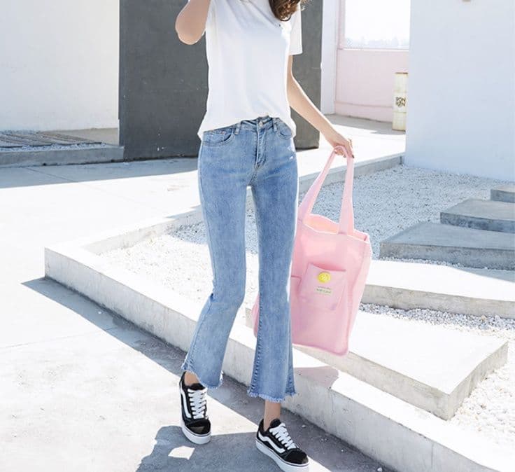 フレアパンツ 裾フリンジ美脚フレアデニム