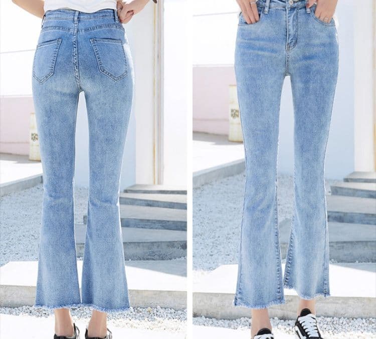 フレアパンツ 裾フリンジ美脚フレアデニム