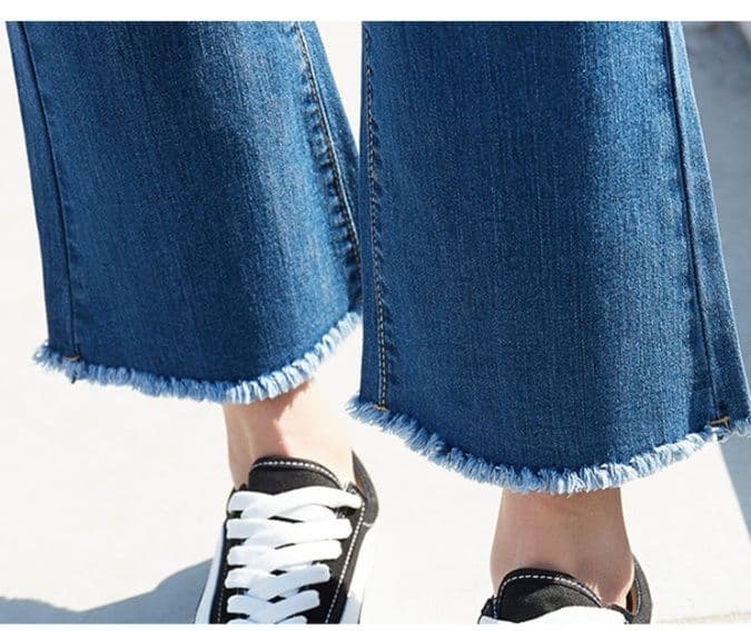 フレアパンツ 裾フリンジ美脚フレアデニム