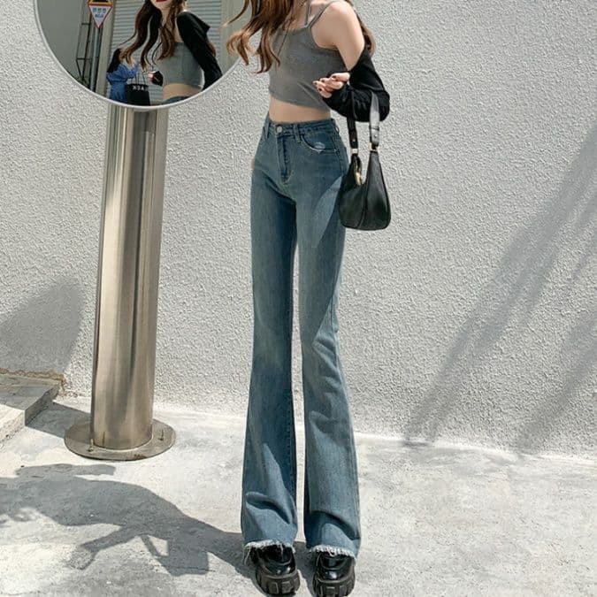 フレアパンツ 裾フリンジ美脚フレアデニム