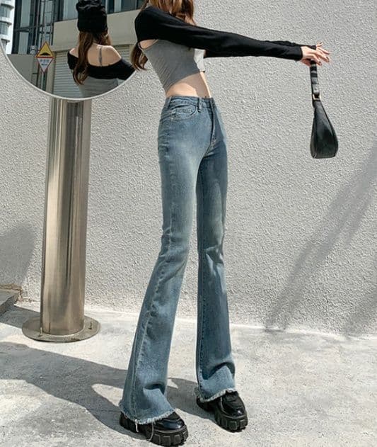 フレアパンツ 裾フリンジ美脚フレアデニム