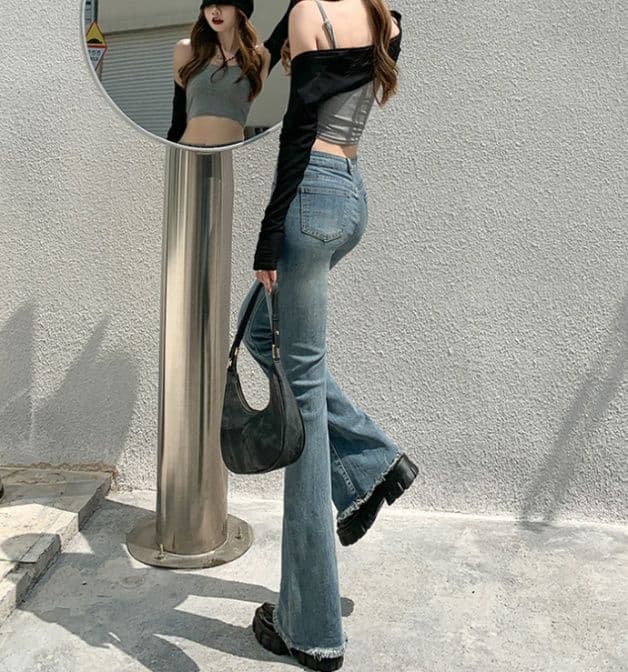 フレアパンツ 裾フリンジ美脚フレアデニム