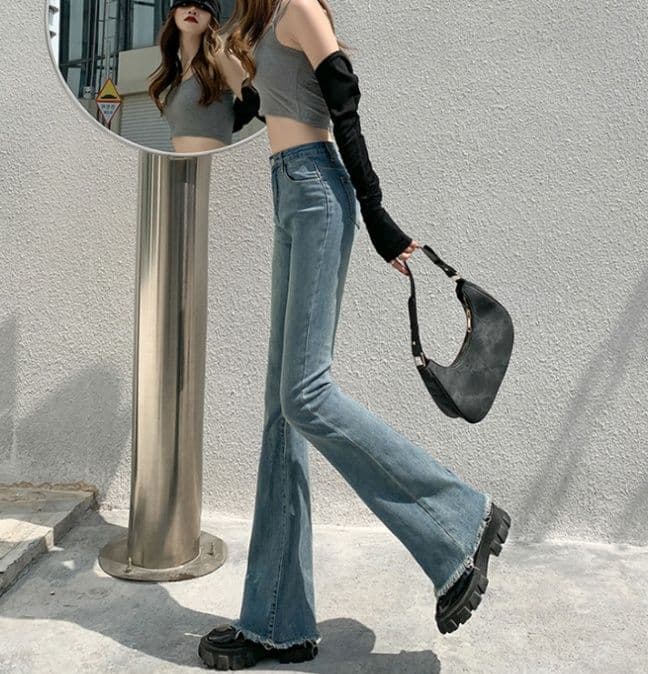 フレアパンツ 裾フリンジ美脚フレアデニム