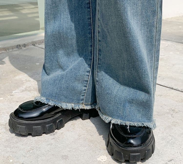 フレアパンツ 裾フリンジ美脚フレアデニム