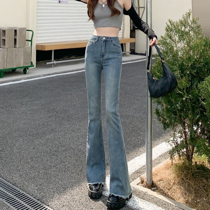 フレアパンツ 裾フリンジ美脚フレアデニム