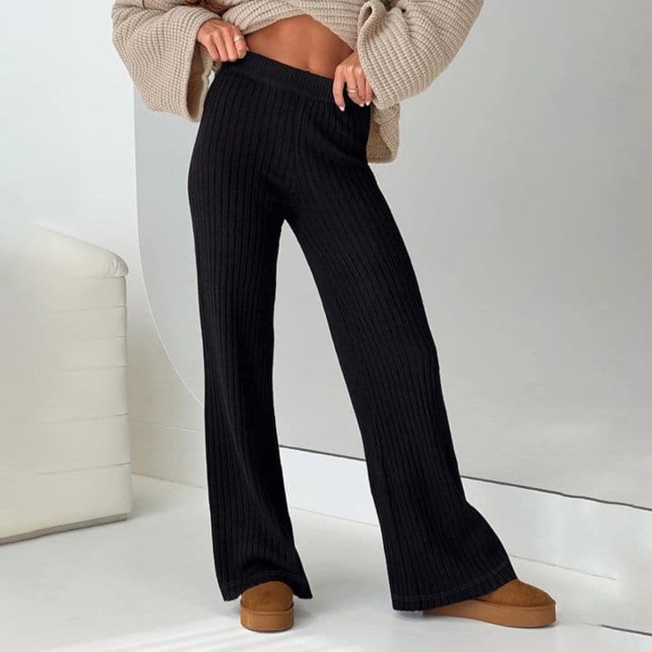 フレアパンツ 縦リブ編み優美フレアパンツ