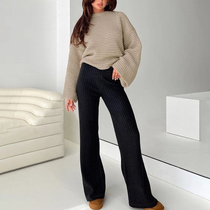 フレアパンツ 縦リブ編み優美フレアパンツ