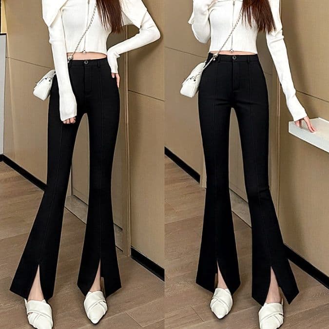 フレアパンツ 裾スリット入り美脚フレアスラックス