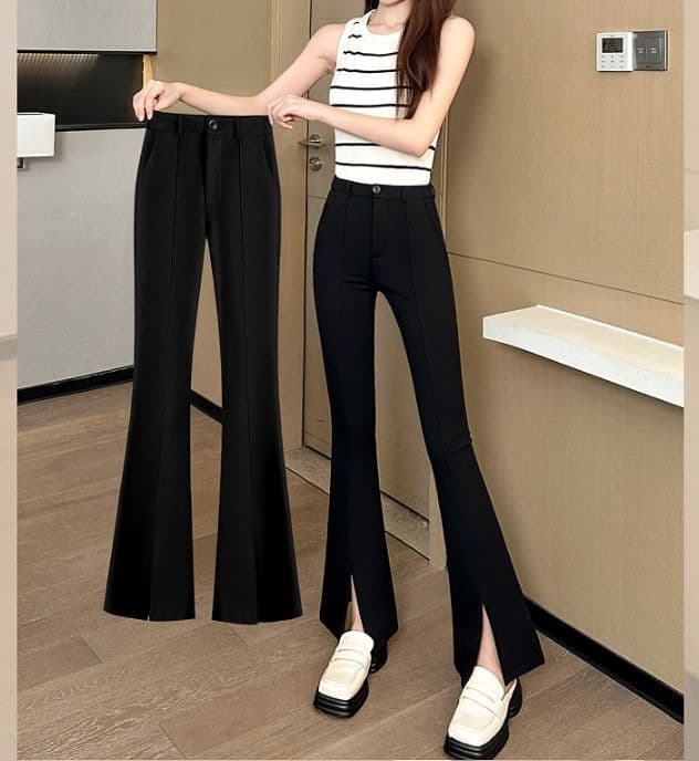 フレアパンツ 裾スリット入り美脚フレアスラックス