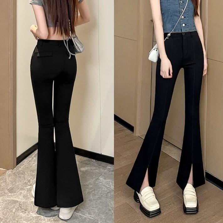 フレアパンツ 裾スリット入り美脚フレアスラックス