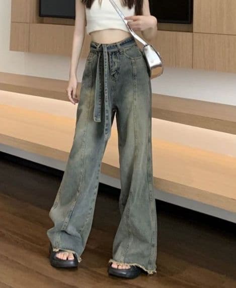 フレアパンツ 裾広がりベルト付きデニムパンツ