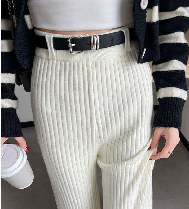 フレアパンツ 縦リブ編み上質フレアパンツ