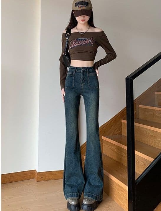 フレアパンツ ハイウエスト美脚ワイドフレア長丈デニムパンツ