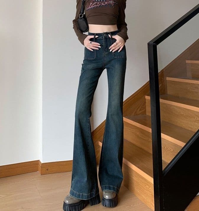 フレアパンツ ハイウエスト美脚ワイドフレア長丈デニムパンツ