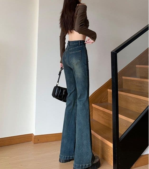 フレアパンツ ハイウエスト美脚ワイドフレア長丈デニムパンツ