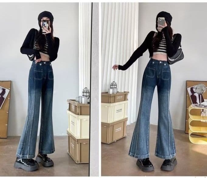 フレアパンツ 復刻風ハイウエストワイドフレア長丈デニム