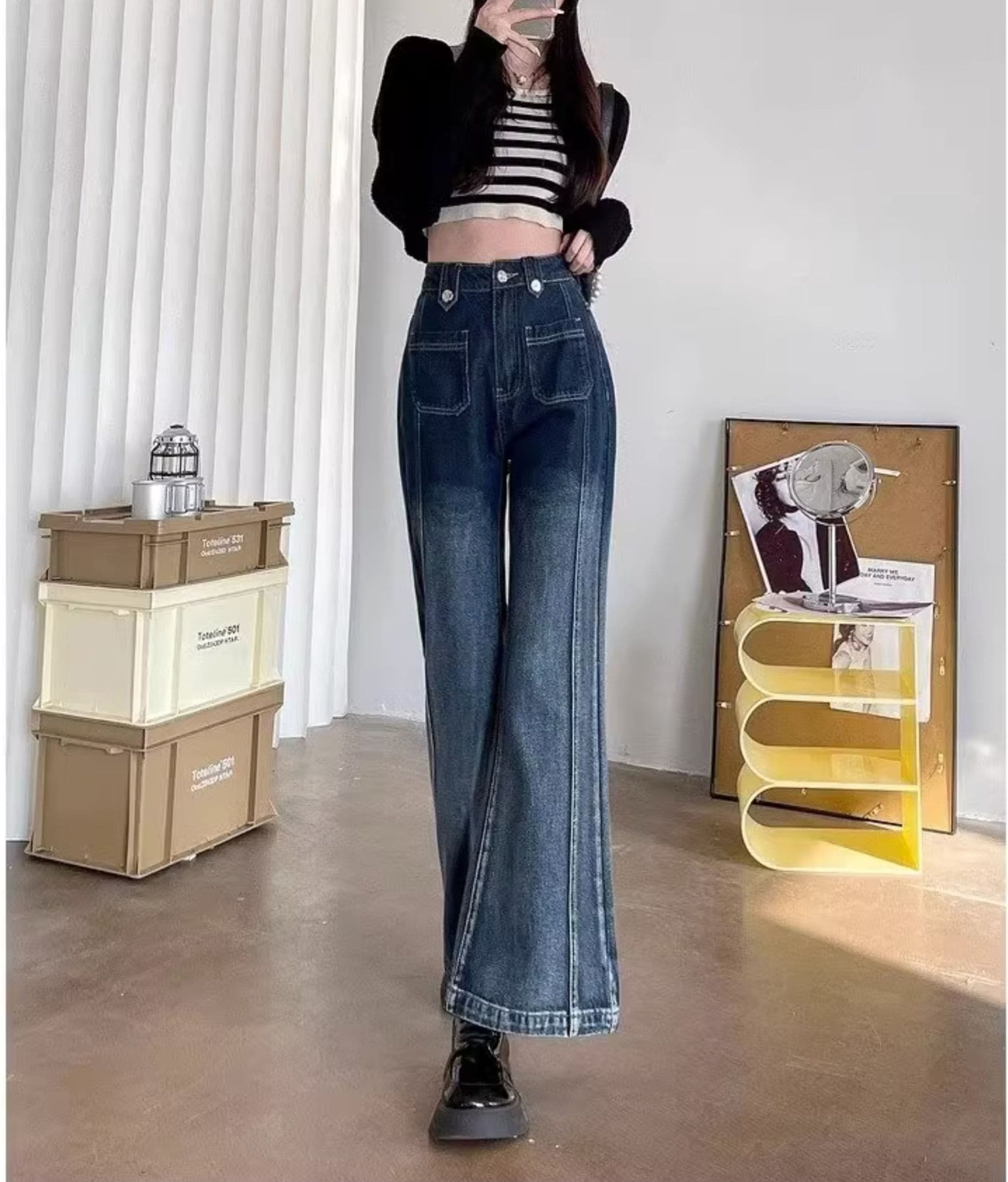 フレアパンツ 復刻風ハイウエストワイドフレア長丈デニム