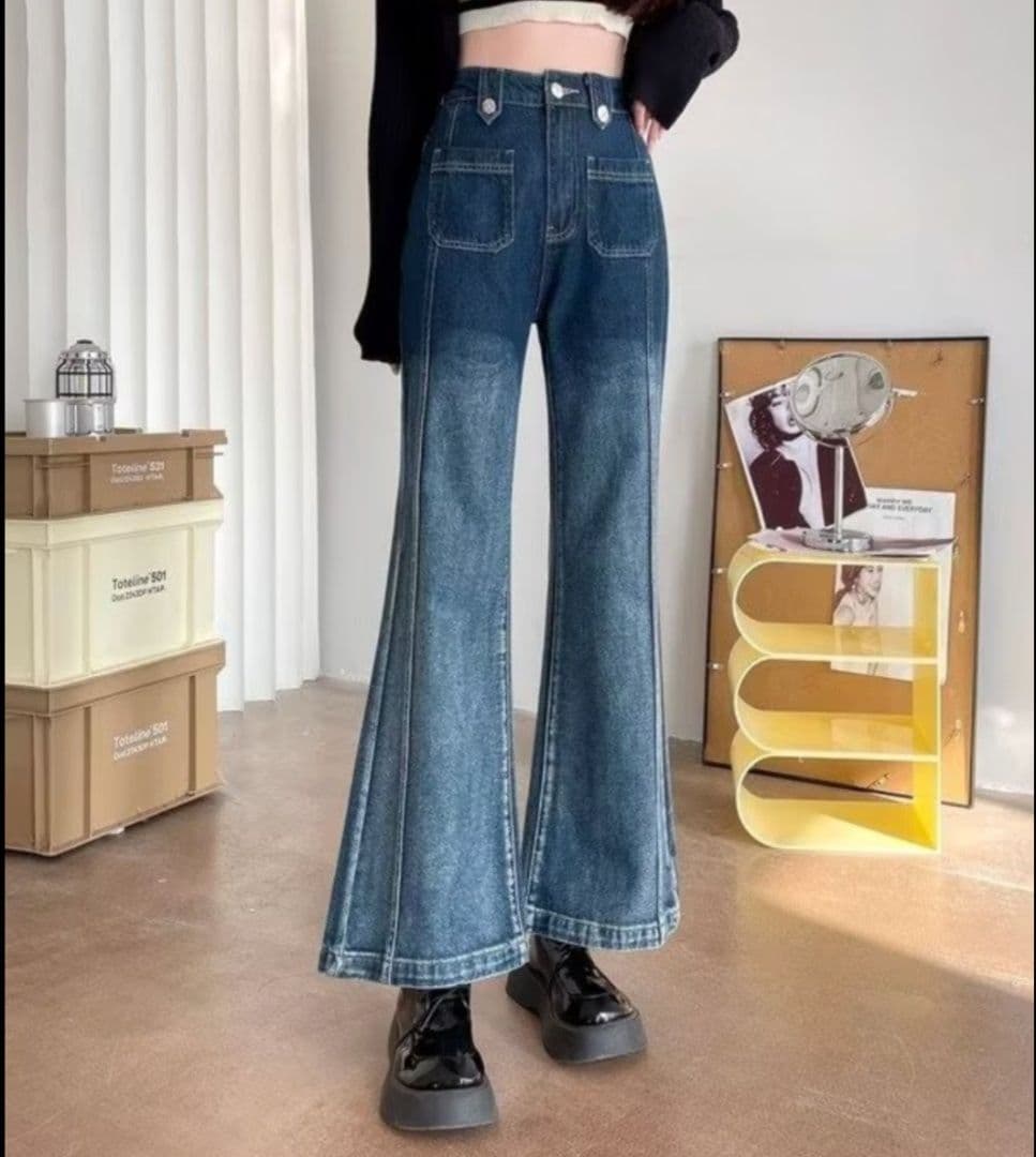 フレアパンツ 復刻風ハイウエストワイドフレア長丈デニム